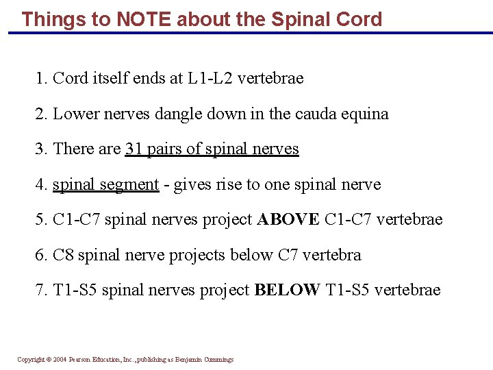 Things to NOTE about the Spinal Cord 1. Cord itself ends at L 1