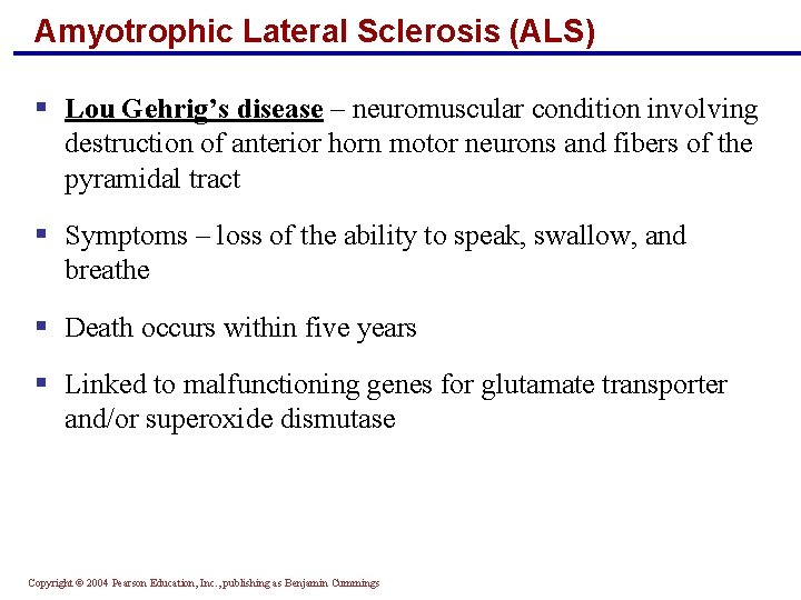 Amyotrophic Lateral Sclerosis (ALS) § Lou Gehrig’s disease – neuromuscular condition involving destruction of