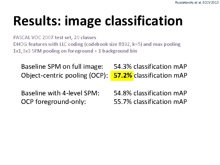 Russakovsky et al. ECCV 2012 Results: image classification PASCAL VOC 2007 test set, 20