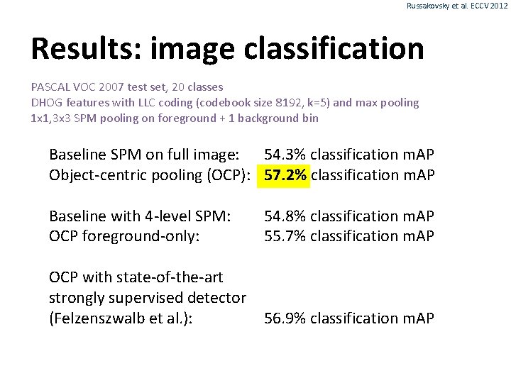 Russakovsky et al. ECCV 2012 Results: image classification PASCAL VOC 2007 test set, 20