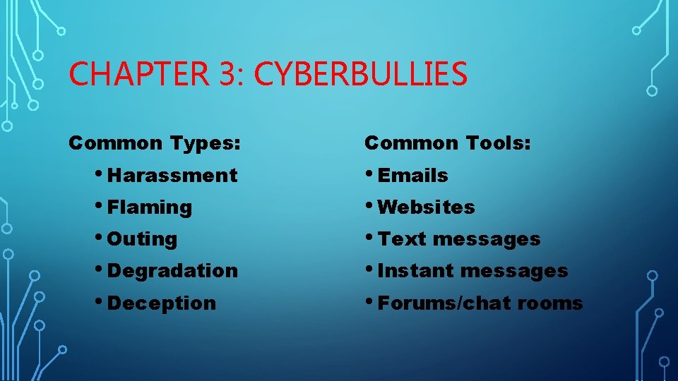 CHAPTER 3: CYBERBULLIES Common Types: • Harassment • Flaming • Outing • Degradation •