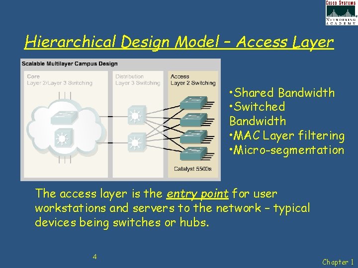 Hierarchical Design Model – Access Layer • Shared Bandwidth • Switched Bandwidth • MAC
