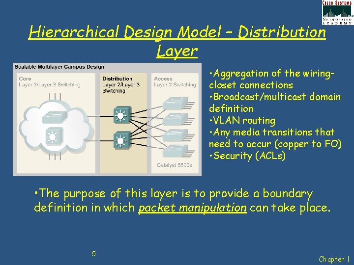 Hierarchical Design Model – Distribution Layer • Aggregation of the wiringcloset connections • Broadcast/multicast