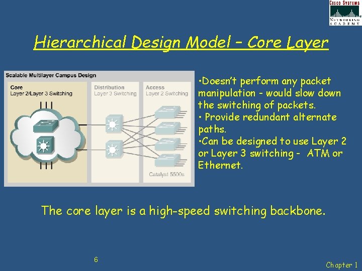 Hierarchical Design Model – Core Layer • Doesn’t perform any packet manipulation - would