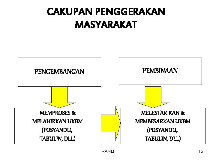 CAKUPAN PENGGERAKAN MASYARAKAT PEMBINAAN PENGEMBANGAN MEMPROSES & MELAHIRKAN UKBM (POSYANDU, TABULIN, DLL) MELESTARIKAN &