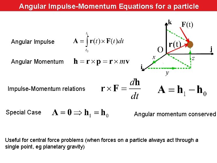 Angular Impulse-Momentum Equations for aa Particle particle Angular Impulse Angular Momentum Impulse-Momentum relations Special