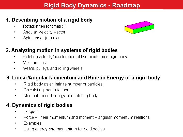 Rigid Body Dynamics - Roadmap 1. Describing motion of a rigid body • •