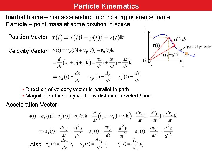 Particle Kinematics Inertial frame – non accelerating, non rotating reference frame Particle – point