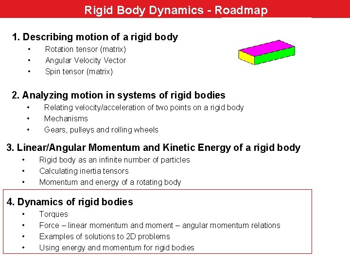 Rigid Body Dynamics - Roadmap 1. Describing motion of a rigid body • •