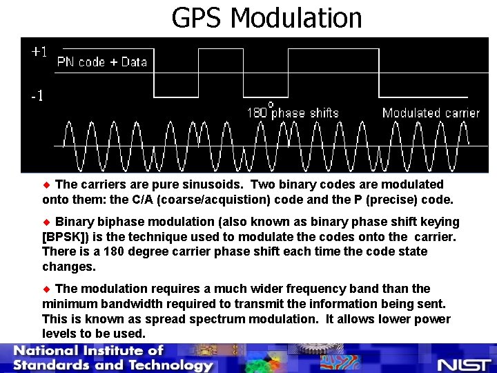 GPS Modulation ¨ The carriers are pure sinusoids. Two binary codes are modulated onto