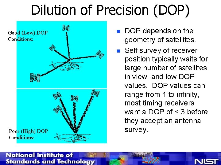 Dilution of Precision (DOP) Good (Low) DOP Conditions: n n Poor (High) DOP Conditions: