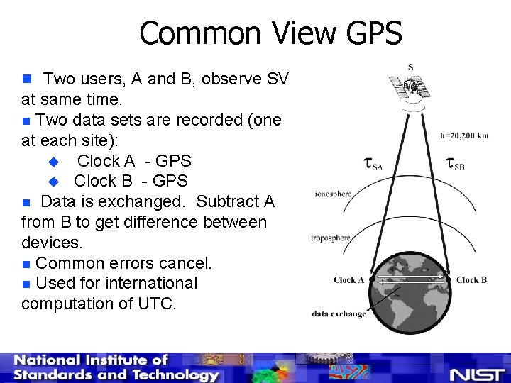 Common View GPS n Two users, A and B, observe SV at same time.