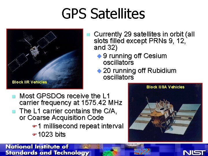 GPS Satellites n Block IIR Vehicles Currently 29 satellites in orbit (all slots filled