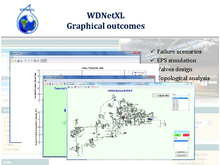 WDNet. XL Graphical outcomes ü ü Failure scenarios EPS simulation Valves design Topological analysis