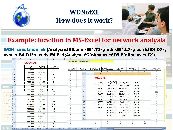 WDNet. XL How does it work? Example: function in MS-Excel for network analysis WDN_simulation_xls(Analyses!B