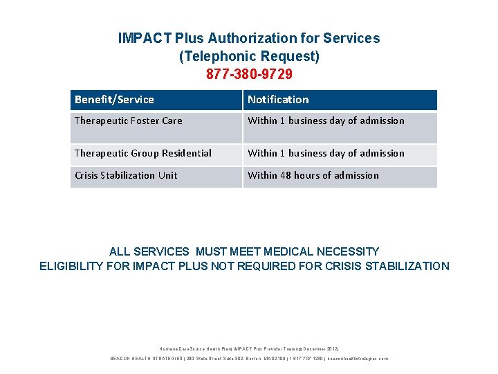 IMPACT Plus Authorization for Services (Telephonic Request) 877 -380 -9729 Benefit/Service Notification Therapeutic Foster