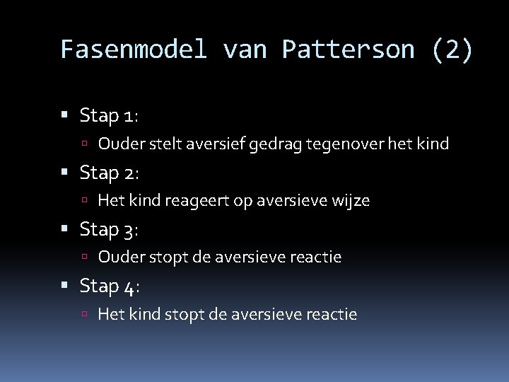 Fasenmodel van Patterson (2) Stap 1: Ouder stelt aversief gedrag tegenover het kind Stap