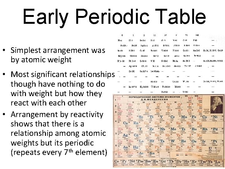 Early Periodic Table • Simplest arrangement was by atomic weight • Most significant relationships