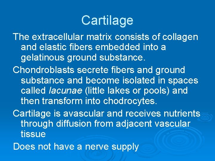 Cartilage The extracellular matrix consists of collagen and elastic fibers embedded into a gelatinous