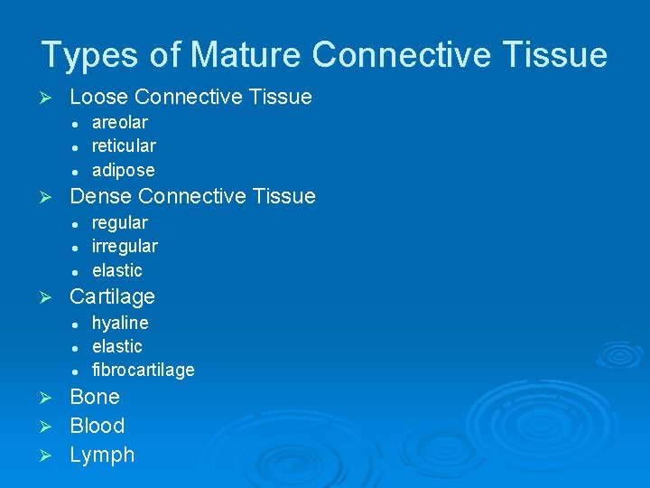 Types of Mature Connective Tissue Ø Loose Connective Tissue l l l Ø Dense