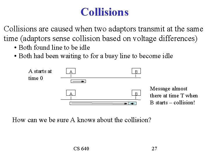 Collisions are caused when two adaptors transmit at the same time (adaptors sense collision