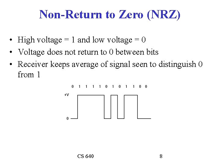 Non-Return to Zero (NRZ) • High voltage = 1 and low voltage = 0
