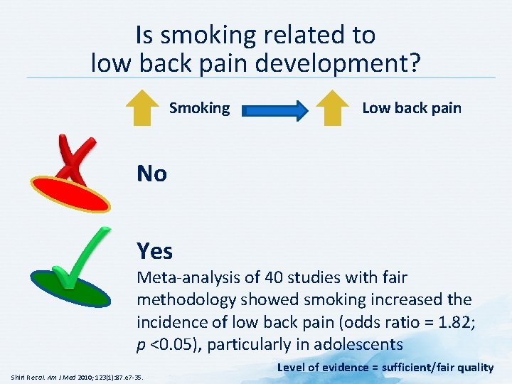 Is smoking related to low back pain development? Smoking Low back pain No Yes