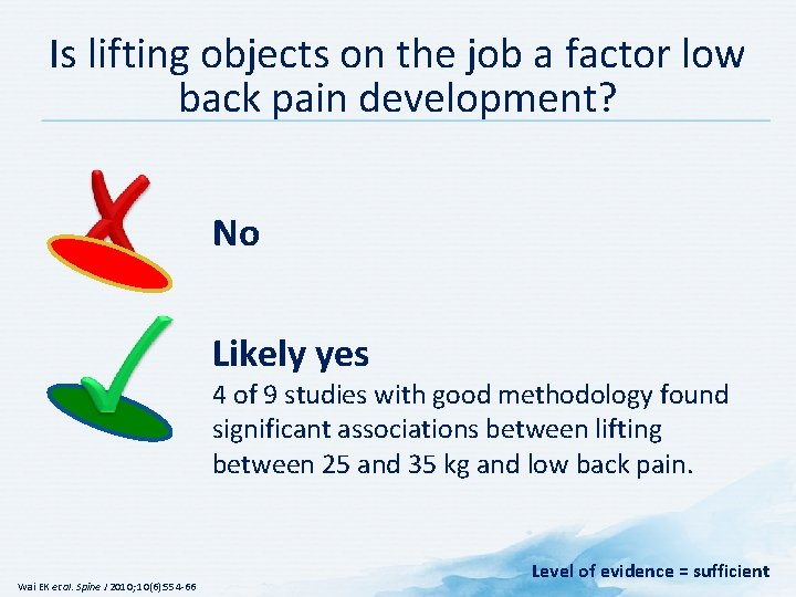 Is lifting objects on the job a factor low back pain development? No Likely