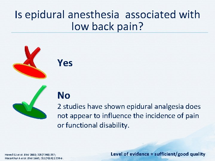 Is epidural anesthesia associated with low back pain? Yes No 2 studies have shown