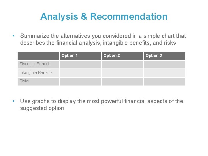 Analysis & Recommendation • Summarize the alternatives you considered in a simple chart that