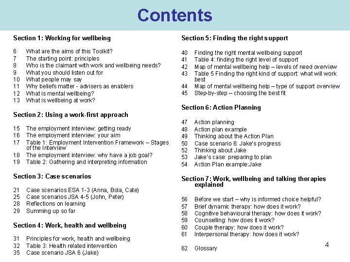 Contents Section 1: Working for wellbeing Section 5: Finding the right support 6 7