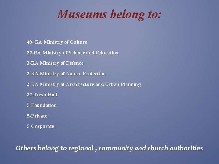 Museums belong to: 40 - RA Ministry of Culture 22 -RA Ministry of Science