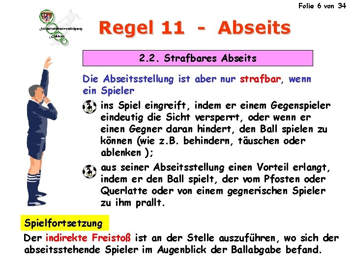 Folie 6 von 34 Regel 11 - Abseits 2. 2. Strafbares Abseits Die Abseitsstellung