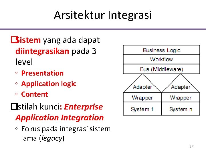 Arsitektur Integrasi �Sistem yang ada dapat diintegrasikan pada 3 level ◦ Presentation ◦ Application