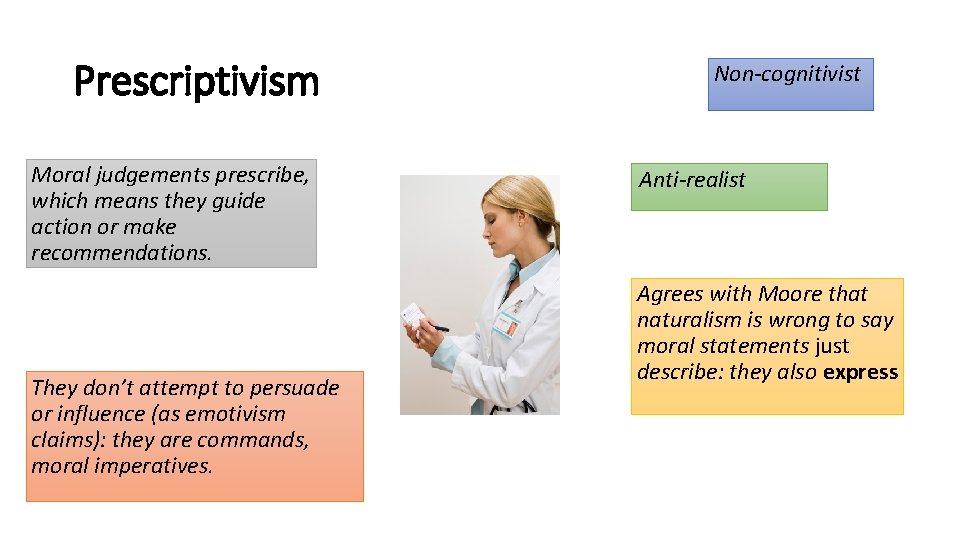 Prescriptivism Moral judgements prescribe, which means they guide action or make recommendations. They don’t