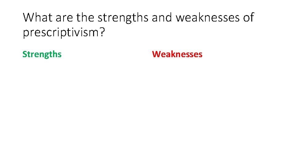 What are the strengths and weaknesses of prescriptivism? Strengths Weaknesses 