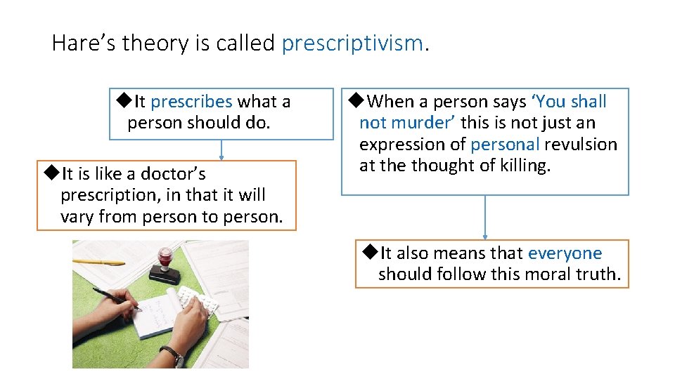 Hare’s theory is called prescriptivism. u. It prescribes what a person should do. u.