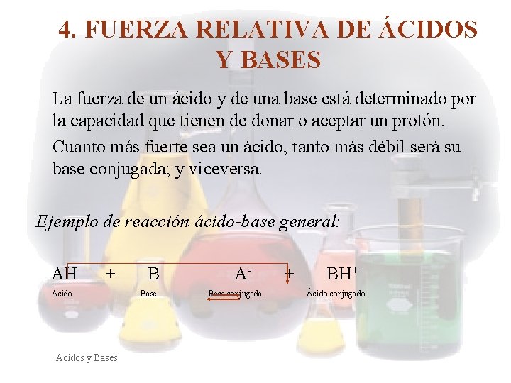 4. FUERZA RELATIVA DE ÁCIDOS Y BASES La fuerza de un ácido y de