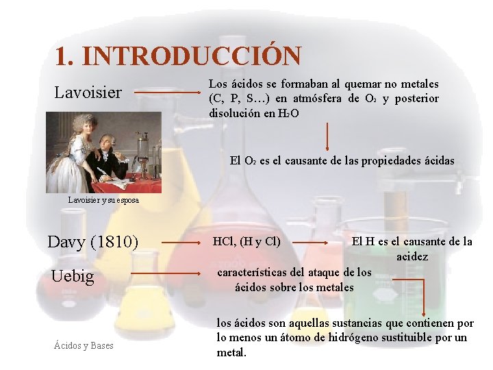 1. INTRODUCCIÓN Lavoisier Los ácidos se formaban al quemar no metales (C, P, S…)