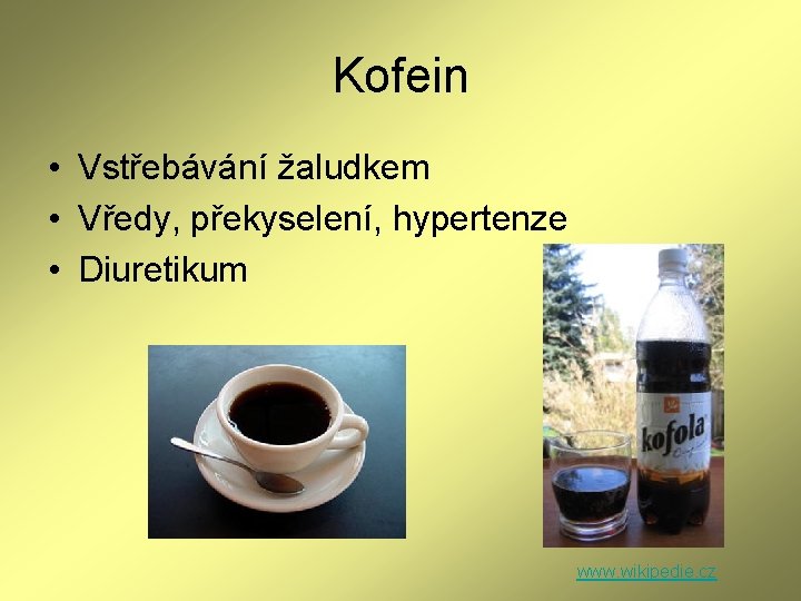 Kofein • Vstřebávání žaludkem • Vředy, překyselení, hypertenze • Diuretikum www. wikipedie. cz Kofein • Vstřebávání žaludkem • Vředy, překyselení, hypertenze • Diuretikum www. wikipedie. cz