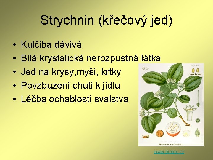 Strychnin (křečový jed) • • • Kulčiba dávivá Bílá krystalická nerozpustná látka Jed na Strychnin (křečový jed) • • • Kulčiba dávivá Bílá krystalická nerozpustná látka Jed na