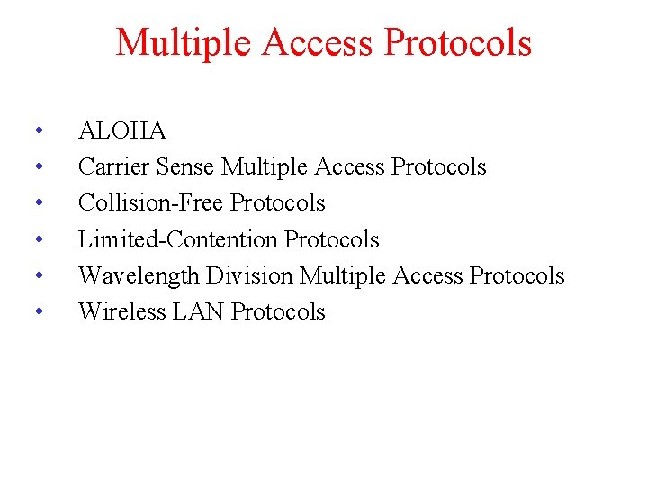 Multiple Access Protocols • • • ALOHA Carrier Sense Multiple Access Protocols Collision-Free Protocols