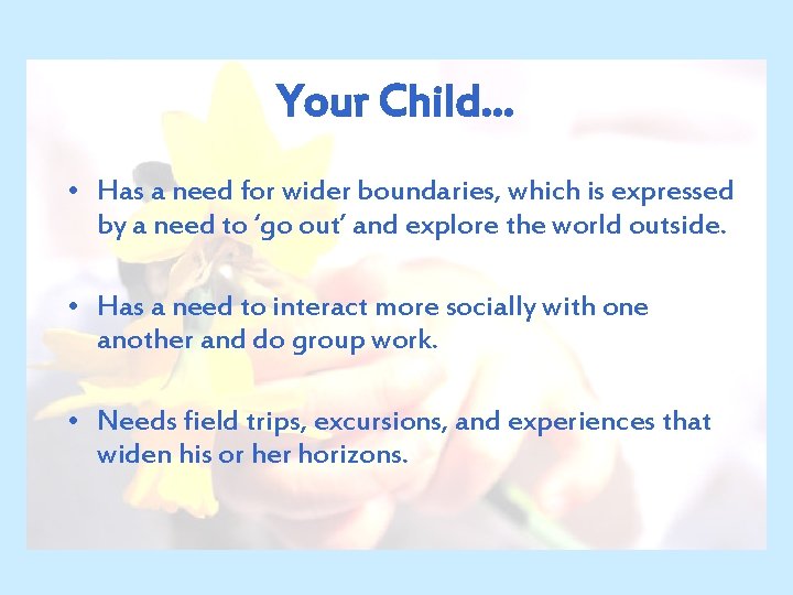 Your Child… • Has a need for wider boundaries, which is expressed by a