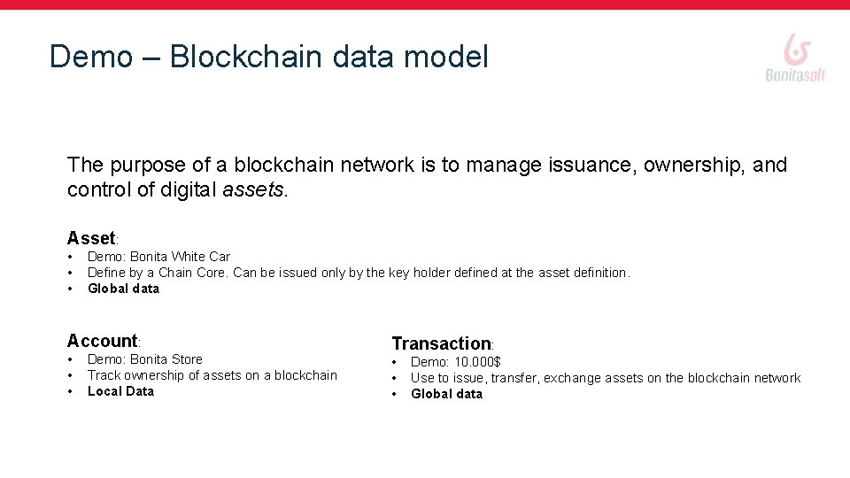 Demo – Blockchain data model The purpose of a blockchain network is to manage