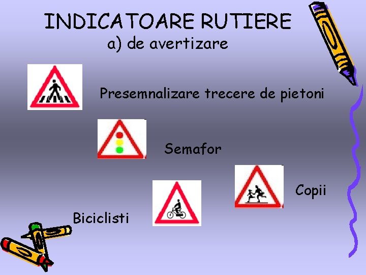 INDICATOARE RUTIERE a) de avertizare Presemnalizare trecere de pietoni Semafor Copii Biciclisti INDICATOARE RUTIERE a) de avertizare Presemnalizare trecere de pietoni Semafor Copii Biciclisti