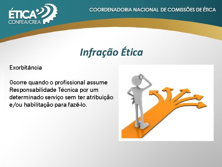 Infração Ética Exorbitância Ocorre quando o profissional assume Responsabilidade Técnica por um determinado serviço