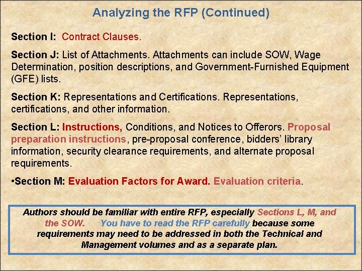 Analyzing the RFP (Continued) Section I: Contract Clauses. Section J: List of Attachments can
