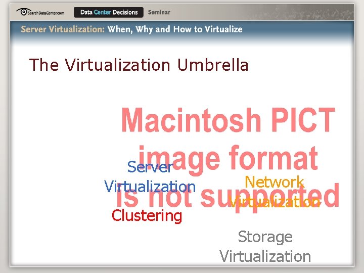 The Virtualization Umbrella Server Virtualization Clustering Network Virtualization Storage Virtualization 