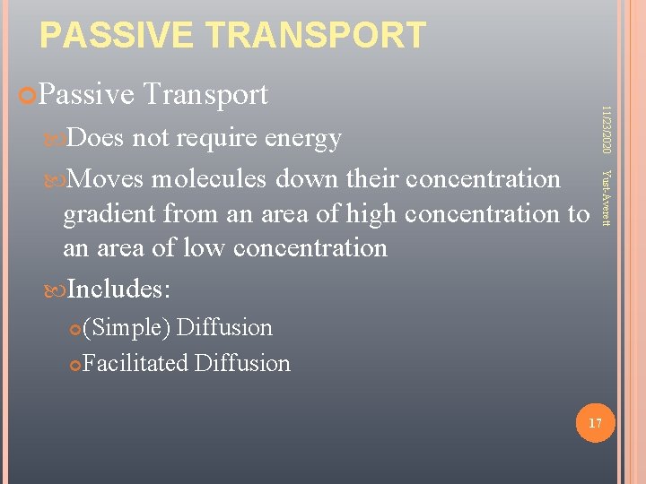 PASSIVE TRANSPORT Transport Does Yust-Averett not require energy Moves molecules down their concentration gradient