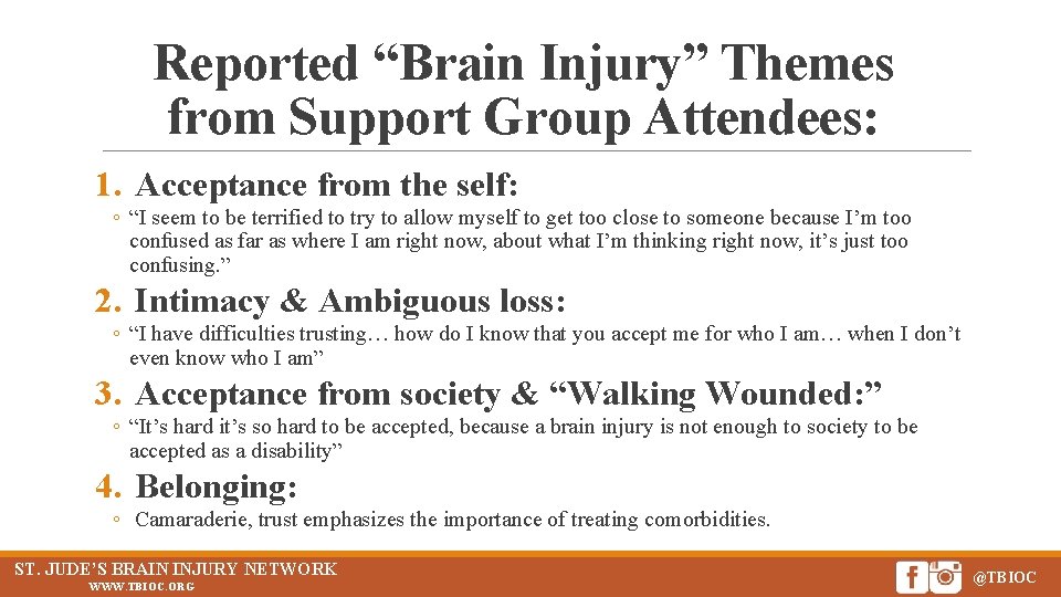 Reported “Brain Injury” Themes from Support Group Attendees: 1. Acceptance from the self: ◦